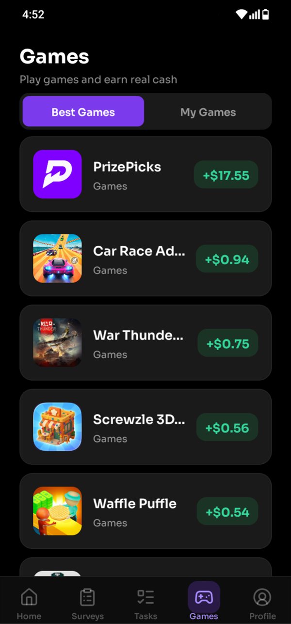 Pockitz Games tab listing games with their rewards